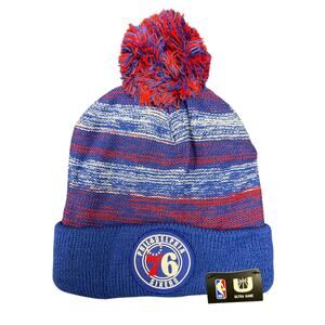 NBA 76ers Red White Blue Marble Winter Hat w/ Pom Basketball Sixers Beanie New
